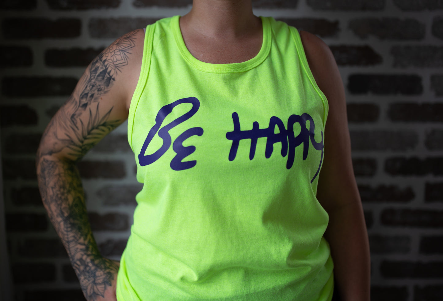 Be Happy Neon Tank Top w/ Purple Logo